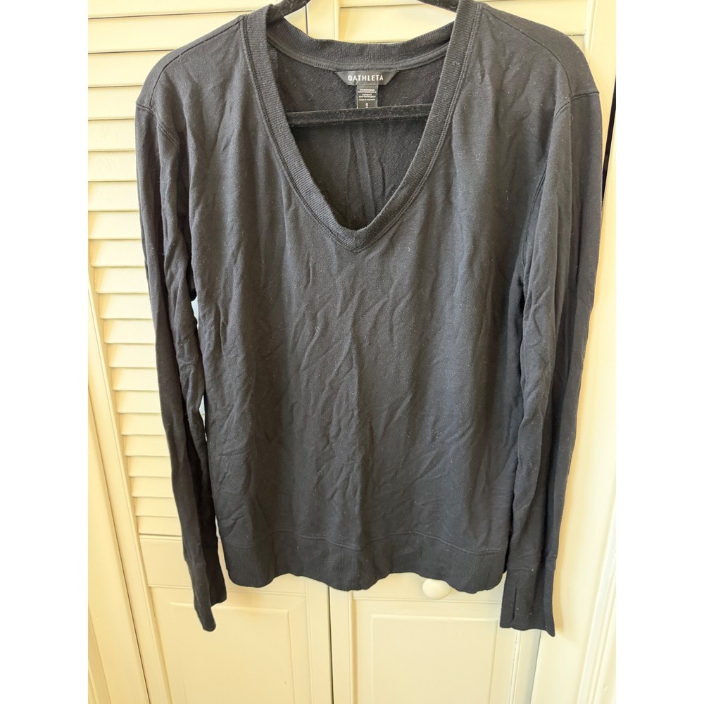 Athleta Sunrise V-Neck Sweatshirt Black Modal Blend Thumbhole Pullover Small